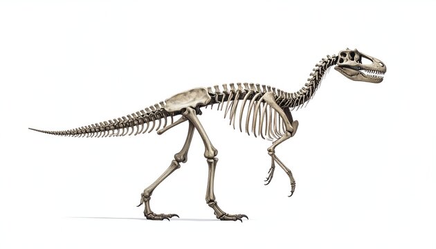 Dinosaur skeleton standing, side view, on a white background, with long tail and small arms