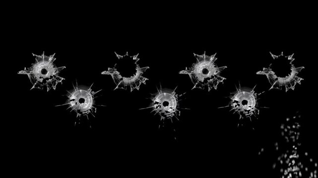 Isolated Broken cracks glass getting hit by gunshot with smoke and muzzle flash on transparent Background. Gun Fire. 3d render animation.