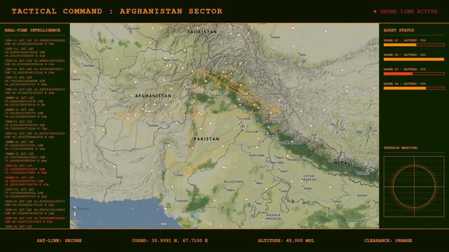 military tactical map of mountainous region with strategic zones
