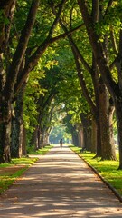 Fototapeta premium A serene tree-lined pathway with lush greenery and sunlight