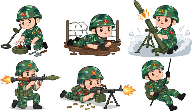 Set of Cute Vietnamese Soldier Characters Performing Various Military Combat Actions