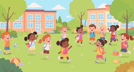 Naklejka premium Diverse children playing outside school.