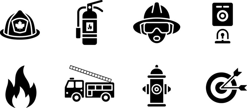 Firefighting emergency icons set, firefighter helmet extinguisher truck hydrant alarm flame safety equipment rescue concept, flat vector illustration
