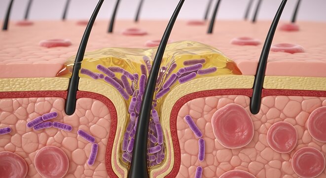 Medical cross-section illustration showing skin layers, hair follicles, and bacteria