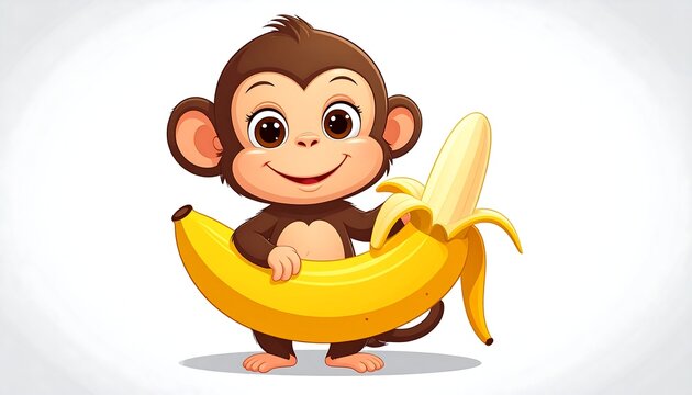 Cartoon monkey cheerfully holding a large, partially peeled bright yellow banana on a plain white background