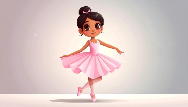 Cartoon of a ballerina in pink dress and shoes, gracefully balancing on one leg