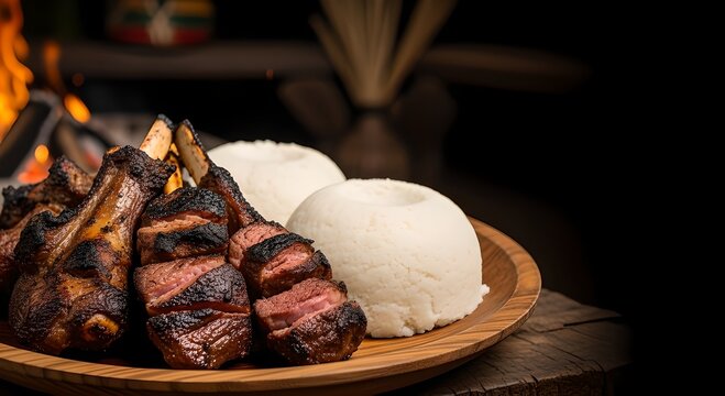 Grilled meat and traditional Ugandan matooke served on a wooden plate outdoors