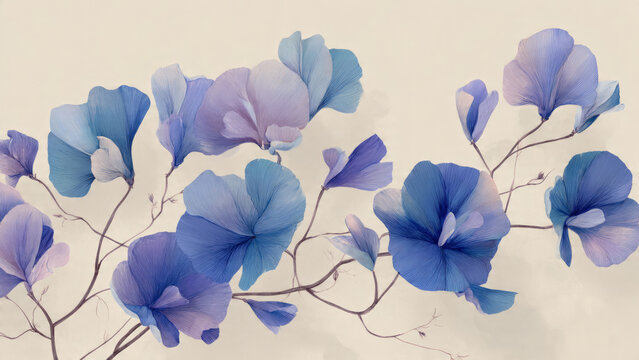 A serene watercolor illustration depicts sweet pea flowers blooming on delicate stems in a lush natural setting with soft petals.