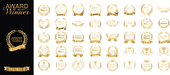 Luxury Gold Award Winner Laurel Wreath Badge Collection with Trophies, Crowns and Ribbons © MdShahajahan