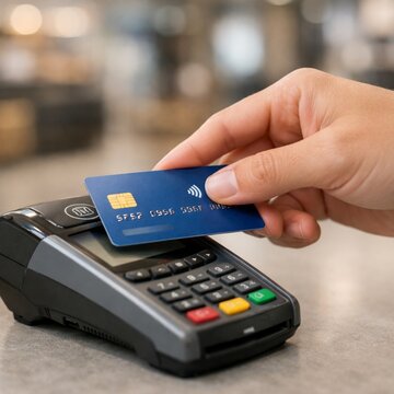 Contactless credit card payment on POS terminal with hand holding card, modern cashless transaction technology in retail store