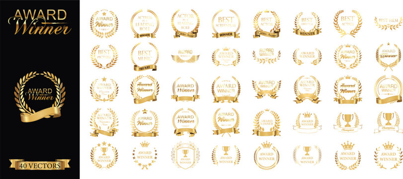 Luxury Gold Award Winner Laurel Wreath Badge Collection with Trophies, Crowns and Ribbons