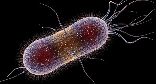Microscopic view of a rod-shaped bacterium with flagella and complex internal structure