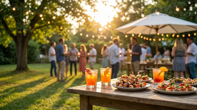 Outdoor party garden people appetizer cocktail table summer sunset string light outdoor party garden with people socializing, cocktail drink table with appetizer platter patio umbrella