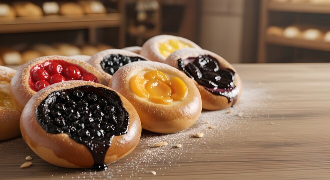 A delicious assortment of homemade filled pastries on a wooden table in a bakery