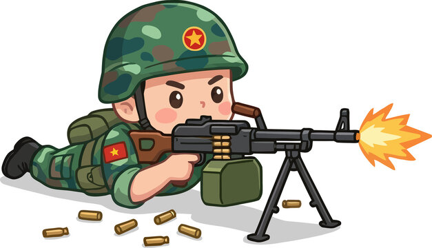 Vietnamese soldier firing a machine gun from a prone position training