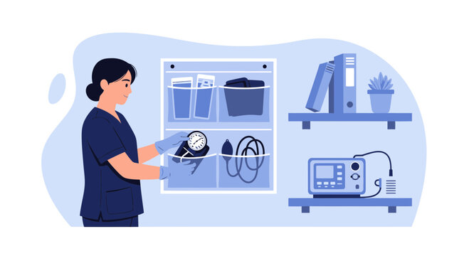 Nurse organizing medical equipment in a clean storage unit, healthcare supplies