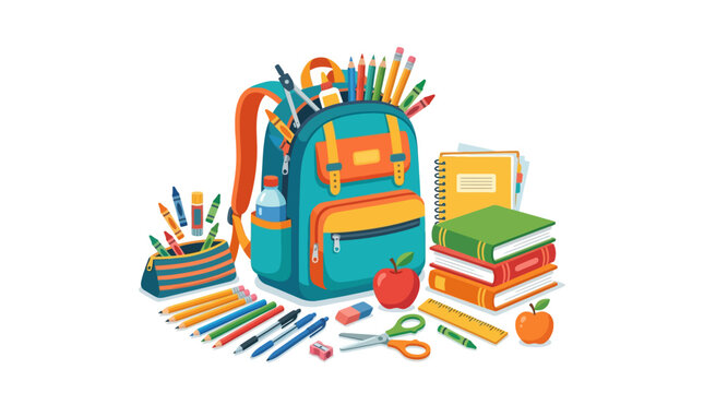 Colorful school supplies and backpack.
