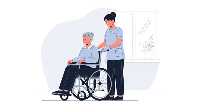 Nurse pushing elderly woman in wheelchair, caregiving, medical assistance, home healthcare concept