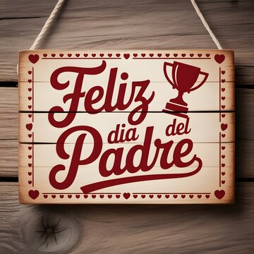 Feliz dia del padre lettering calligraphy Spanish father's love text social media poster greetings with  Handmade wooden feliz dia del padre sign with trophy and hearts for Father's Day celebration