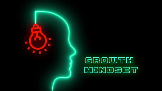Personal development and growth mindset illustration featuring neon profile of a human head and lightbulb.