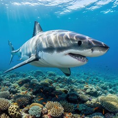 Fototapeta premium Majestic Great White Shark Gliding Over a Vibrant Coral Reef.