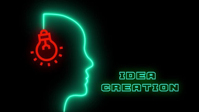  Creative idea creation concept with glowing neon lightbulb inside a human head profile on a black background.
