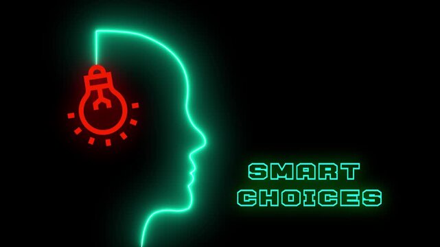  Neon silhouette of human head with lightbulb icon representing smart choices and logical decision making process.

