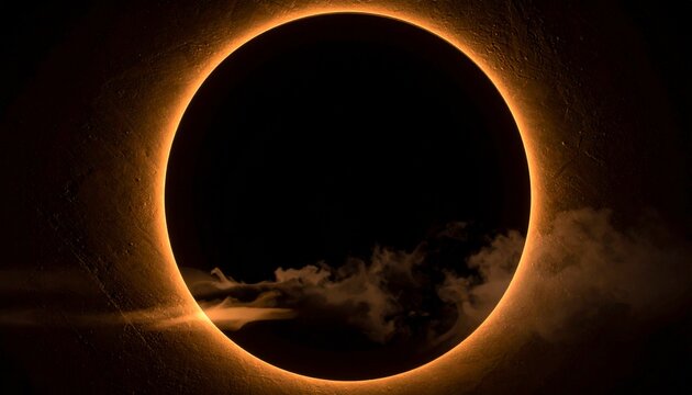 Solar eclipse with orange glow on dark background and clouds