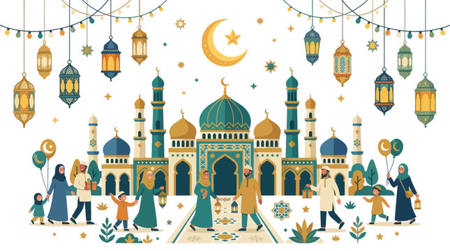 People walking in front of mosque.