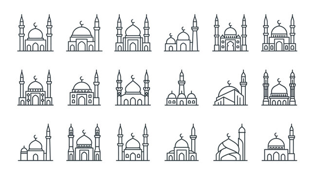 Collection of mosque architecture line icons.