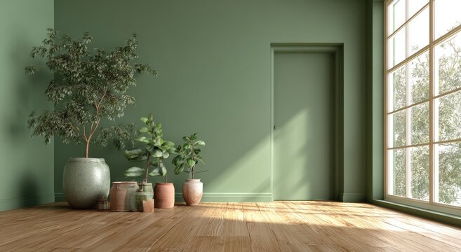 Serene Green Room with Potted Plants and Natural Light.