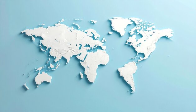 A white 3D world map on a blue background