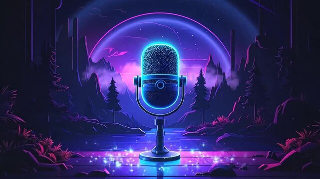 A glowing microphone stands on a stage with a scenic backdrop