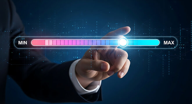 Businessman's finger adjusts a glowing progress bar from minimum to maximum on a digital interface, representing performance and growth.