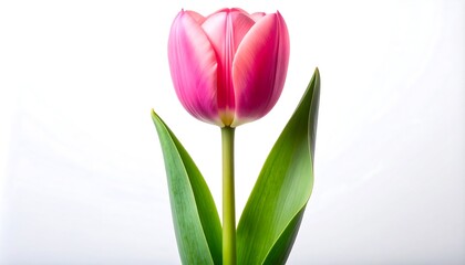 Fototapeta premium Vibrant Pink and Magenta Tulip with Green Leaves on White Background