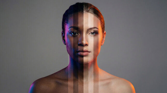 Artistic portrait of woman with skin tone variations perfect for diversity campaigns and beauty skincare advertisement concepts