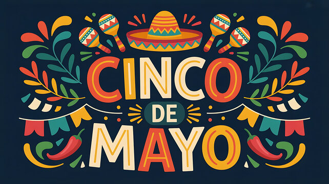 Cinco de Mayo &ndash; Festive Illustration with Sombrero, Maracas, and Chili Peppers