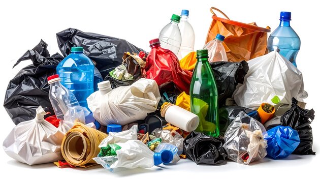 Discarded heap of mixed waste plastic bottles, bags, wrappers, on white backdrop, symbolizing pollution and trash problems
