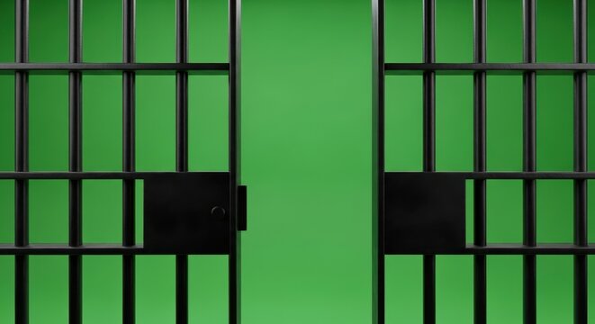 Jail bars opening on a green screen, symbolizing freedom and release.