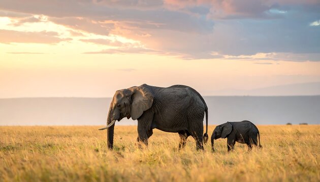 Elephant family strolls across savanna during golden hour, bathed in warm light under soft, pastel-colored sky