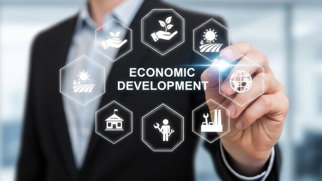 Economic Development Concept with Icons Representing Growth and Sustainability.