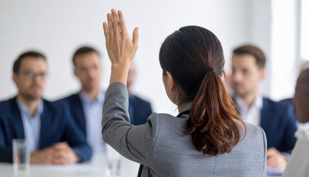 Korean office worker hesitating to speak during meeting with raised hand