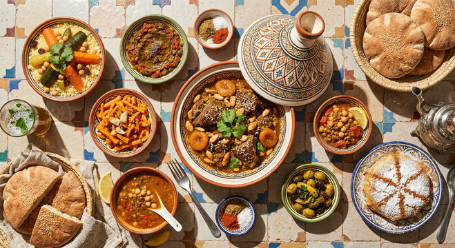 Vibrant Moroccan Gastronomy Flat Lay with Tajine, Couscous, Zaalouk, Harira, and Rustic Bread, Captured in Dramatic Sunlight and Rich Textures.