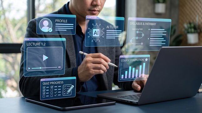 Student using AI tutor and interactive digital dashboard for personalized online learning and course progress tracking