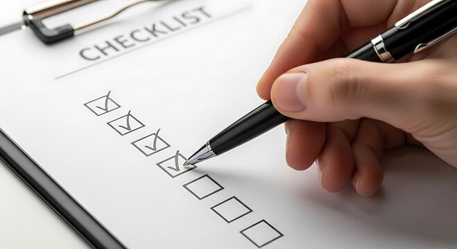 Person Hand Checking Off Items on a Checklist with a Pen, Planning and Organization Concept