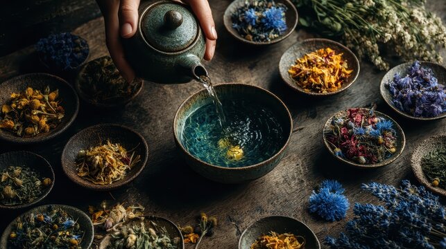 Wide view of various colorful dried herbs and flowers in small bowls with hand pou tea on rustic dark background