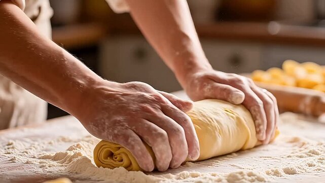 Hands rolling dough on flour