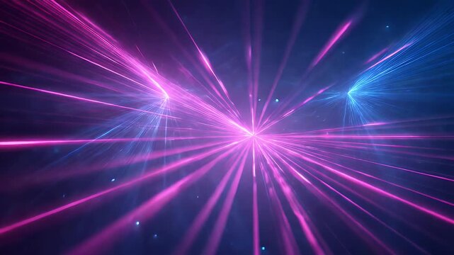 Abstract laser light show with bright purple and blue beams of light creating dynamic futuristic patterns and glowing particles in dark space.