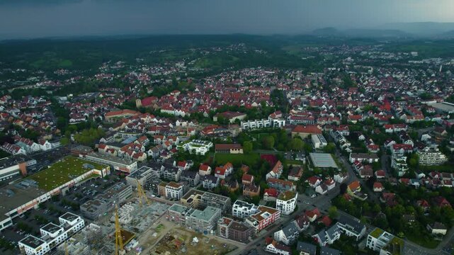 Aerial view of the city Kirchheim unter Teck in Germany on a cloudy rainy day in Spring