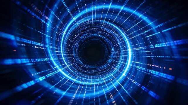 Blue digital light tunnel with glowing rings and data code
